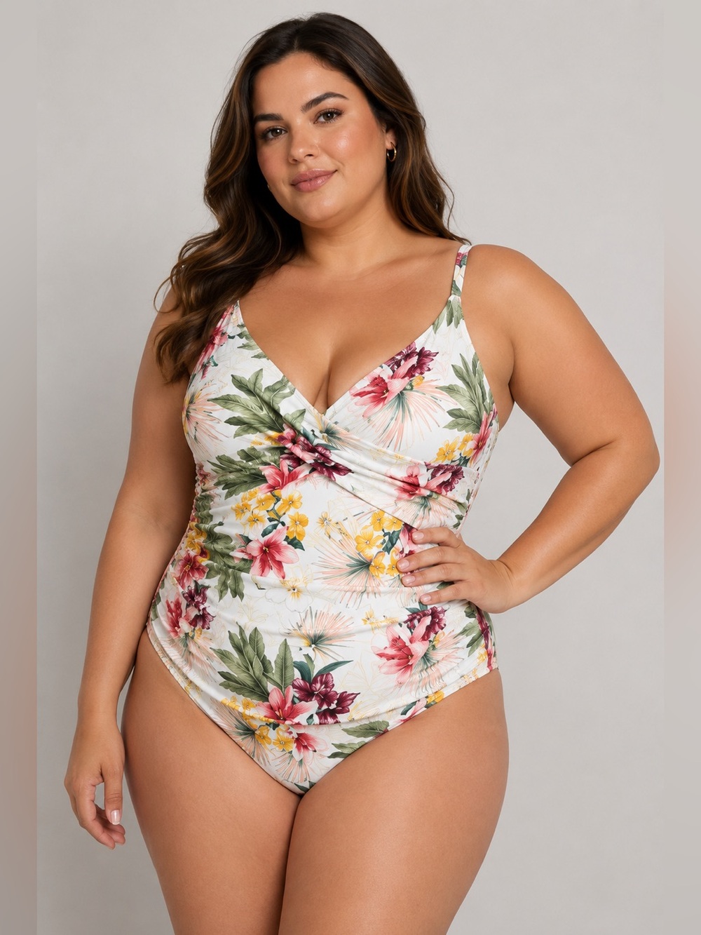 Jantzen Floral Twist-Front One-Piece Swimsuit -  Pink & Green Floral Print NEW